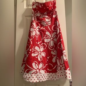Red floral and polka dot strapless dress